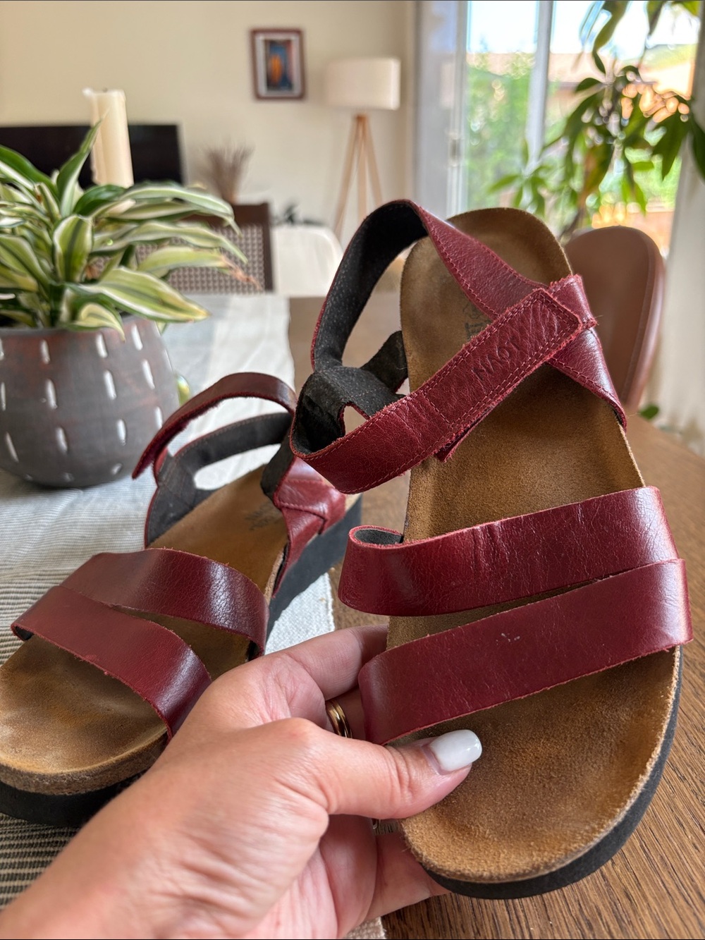 NAOT Burgundy Leather Strappy Sandals